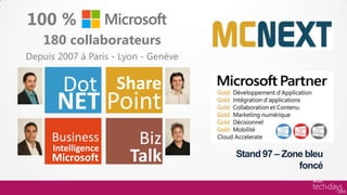 180 collaborateurs
Depuis 2007 à Paris - Lyon - Genève
Stand 97 – Zone bleu
foncé
Business
Intelligence
Talk
Biz
NET
Dot Share
Point
Microsoft
100 %
 