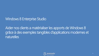 Windows 8 Enterprise Studio

Aider nos clients a matérialiser les apports de Windows 8
grâce à des exemples tangibles d’applications modernes et
naturelles



                                                            4
 