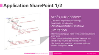 tech.days 2015#mstechdaysArchitecture hybride: intégrer vos données métier
Accés aux données
CORS (Cross-origin resource sharing)
JSONP (JSON With Padding)
SP.WebRequestInfo (Server Web Proxy)
Limitation
Intération avec la page Hote, votre App s’execute dans
une iFrame
Si vous utilisez SP.WebRequestInfo, attention a la
limitation du volumes de données retourné
‘The Size of response from the remote endpoint
exceeds configured’ 200 KB
 