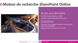 tech.days 2015#mstechdaysArchitecture hybride: intégrer vos données métier
Accés aux données
Par l’API SharPoint REST ou CSOM
Utilisation du Ranking Model Personnes
Limitation
Utilisation des Managed Properties du service de
recherches disponible
Mapping limité entre AD et SharePoint
 
