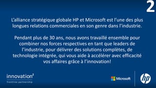 © Copyright 2015 Hewlett-Packard Development Company,L.P. The information contained herein is subject to change without notice.
L’alliance stratégique globale HP et Microsoft est l’une des plus
longues relations commerciales en son genre dans l’industrie.
Pendant plus de 30 ans, nous avons travaillé ensemble pour
combiner nos forces respectives en tant que leaders de
l’industrie, pour délivrer des solutions complètes, de
technologie intégrée, qui vous aide à accélérer avec efficacité
vos affaires grâce à l’innovation!
 