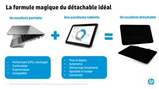 ©2015 Hewlett-Packard Development Company, L.P. The information contained herein is subject to change without notice.21
La formule magique du détachable idéal
Une excellente tabletteUn excellent portable
• Performant (CPU, stockage)
• Confortable
• Ergonomique
• Compatible
• Fine et légère
• Autonome
• Démarrage instantané
• Agréable à l’usage
• Connectée
+ =
Un excellent détachable
 