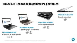 © Copyright 2015 Hewlett-Packard Development Company, L.P. The information contained herein is subject to change without notice.7
HP ProBook série 600
Support legacy & TCO optimisé
HP EliteBook série 800
L’ultra-mobilité pour tous
HP EliteBook série 1000
Bijoux de technologie
HP ProBook série 400
Conçu pour les professionnels
Fin 2013 : Reboot de la gamme PC portables
 