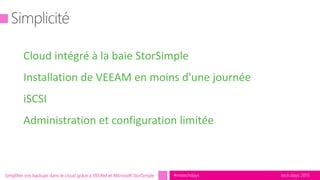 tech.days 2015#mstechdaysSimplifier vos backups dans le cloud grâce à VEEAM et Microsoft StorSimple
Installation de VEEAM en moins d'une journée
Cloud intégré à la baie StorSimple
iSCSI
Administration et configuration limitée
 