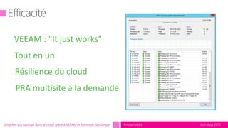 tech.days 2015#mstechdaysSimplifier vos backups dans le cloud grâce à VEEAM et Microsoft StorSimple
VEEAM : "It just works"
Tout en un
Résilience du cloud
PRA multisite a la demande
 