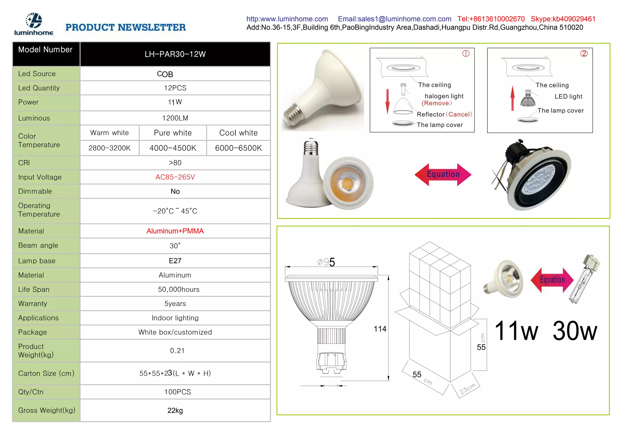Model Number
LH-PAR30-12W
Led Source C
Led Quantity 12PCS
Power 1 W
Luminous 1200LM
Color
Temperature
Warm white Pure white Cool white
2800-3200K 4000-4500K 6000-6500K
CRI >80
Input Voltage AC85-265V
Dimmable No
Operating
Temperature -20°C~45°C
Material Aluminum+PMMA
Beam angle 30°
Lamp base E27
Material Aluminum
Life Span 50,000hours
Warranty 5years
Applications Indoor lighting
Package White box/customized
Product
Weight(kg)
0.21
Carton Size (cm) 55*55*2 (L * W * H)
Qty/Ctn 100PCS
Gross Weight(kg) 22kg
http:www.luminhome.com Email:sales1@luminhome.com.com Tel:+8613610002670 Skype:kb409029461
Add:No.36-15,3F,Building 6th,PaoBingIndustry Area,Dashadi,Huangpu Distr.Rd,Guangzhou,China 510020
11w 30w
55
55
3
5
114
OB
1