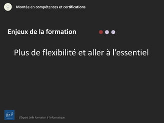 L’Expert de la formation à l’informatique
Montée en compétences et certifications
Enjeux de la formation
Plus de flexibilité et aller à l’essentiel
 