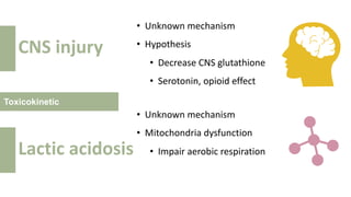 Toxicokinetic
CNS injury
• Unknown mechanism
• Hypothesis
• Decrease CNS glutathione
• Serotonin, opioid effect
Lactic acidosis
• Unknown mechanism
• Mitochondria dysfunction
• Impair aerobic respiration
 
