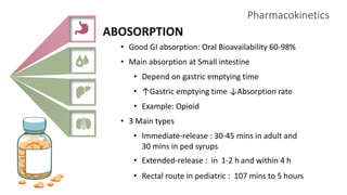 Pharmacokinetics
ABOSORPTION
• Good GI absorption: Oral Bioavailability 60-98%
• Main absorption at Small intestine
• Depend on gastric emptying time
• ↑Gastric emptying time ↓Absorption rate
• Example: Opioid
• 3 Main types
• Immediate-release : 30-45 mins in adult and
30 mins in ped syrups
• Extended-release : in 1-2 h and within 4 h
• Rectal route in pediatric : 107 mins to 5 hours
 
