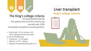 The King’s college criteria
For paracetamol toxicity
The patient who met this criteria has
survival rate <20%
Immediate transplant must be perform.
• Arterial pH <7.3 or Lactate> 3.0
After adequate fluid resuscitate
Or all of the following
• Creatinine >= 3.3 mg/dL
• INR>6.5 or PTT > 100 sec
• Hepatic encephalopathy grade III, IV
Liver transplant
King’s college criteria
O r g a n d o n a t i o n
 