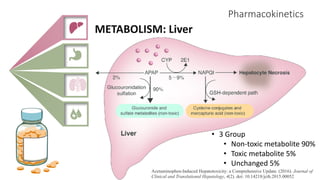 Pharmacokinetics
METABOLISM: Liver
• 3 Group
• Non-toxic metabolite 90%
• Toxic metabolite 5%
• Unchanged 5%
Acetaminophen-Induced Hepatotoxicity: a Comprehensive Update. (2016). Journal of
Clinical and Translational Hepatology, 4(2). doi: 10.14218/jcth.2015.00052
 