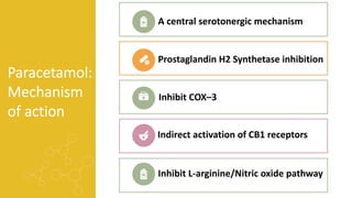 Paracetamol:
Mechanism
of action
A central serotonergic mechanism
Prostaglandin H2 Synthetase inhibition
Inhibit COX–3
Indirect activation of CB1 receptors
Inhibit L-arginine/Nitric oxide pathway
 