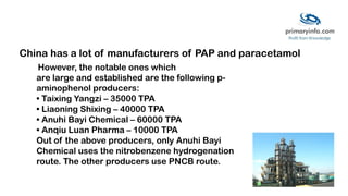 China has a lot of manufacturers of PAP and paracetamol
However, the notable ones which
are large and established are the following p-
aminophenol producers:
• Taixing Yangzi – 35000 TPA
• Liaoning Shixing – 40000 TPA
• Anuhi Bayi Chemical – 60000 TPA
• Anqiu Luan Pharma – 10000 TPA
Out of the above producers, only Anuhi Bayi
Chemical uses the nitrobenzene hydrogenation
route. The other producers use PNCB route.
 