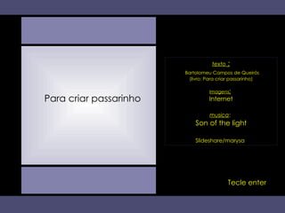 texto  : Bartolomeu Campos de Queirós (livro: Para criar passarinho) Imagens :   Internet musica :   Son of the light Slideshare/marysa . Tecle enter Para criar passarinho 