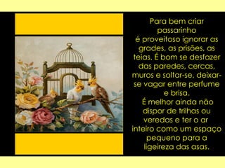 Para bem criar passarinho é proveitoso ignorar as grades, as prisões, as teias. É bom se desfazer das paredes, cercas, muros e soltar-se, deixar-se vagar entre perfume e brisa. É melhor ainda não dispor de trilhas ou veredas e ter o ar  inteiro como um espaço pequeno para a ligeireza das asas. 