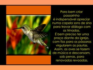 Para bem criar  passarinho  é indispensável apreciar  numa capela sons de sino para travar diálogo com os trinados.  É bem preciso ter uma praça diante da igreja,  com fios para os pássaros virgularem as pautas. Assim, as aves se fazem de música e descansam,  sob penas, para renovadas revoadas. 