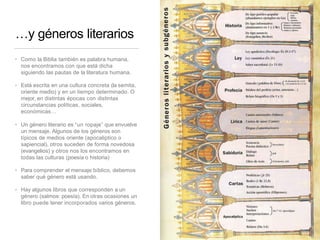 …y géneros literarios
• Como la Biblia también es palabra humana,
nos encontramos con que está dicha
siguiendo las pautas de la literatura humana.
• Está escrita en una cultura concreta (la semita,
oriente medio) y en un tiempo determinado. O
mejor, en distintas épocas con distintas
circunstancias políticas, sociales,
económicas…
• Un género literario es “un ropaje” que envuelve
un mensaje. Algunos de los géneros son
típicos de medios oriente (apocaliptico o
sapiencial), otros suceden de forma novedosa
(evangelios) y otros nos los encontramos en
todas las culturas (poesía o historia)
• Para comprender el mensaje bíblico, debemos
saber qué género está usando.
• Hay algunos libros que corresponden a un
género (salmos: poesía). En otras ocasiones un
libro puede tener incorporados varios géneros.
 