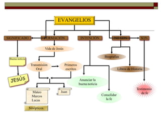 EVANGELIOS
SIGNIFICADO FORMACIÓN INTENCIÓN NO SON SON
Buena noticia
Vida de Jesús
Transmisión
Oral
Primeros
escritos
Sinópticos
Mateo
Marcos
Lucas
Juan
Anunciar la
buena noticia
Consolidar
la fe
Biografías
Libros de Historia
Testimonio
de fe
 