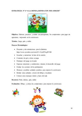 10
ESTRATEGIA Nº 4 “A LA RONDA, RONDA CON MIS AMIGOS”
Objetivo: Elaborar, practicar y rotular con pictogramas, los compromisos para jugar sin
agresiones, mejorando así la convivencia
Técnica: Juego, guía y atelier
Proceso Metodológico:
 Presentar y dar orientaciones para la dinámica
https://www.youtube.com/watch?v=ExaWNagWYBI
 Escuchar y memorizar la letra de la canción
 Comentar de qué y cómo se juega
 Participar del juego en el patio
 Expresar emociones y sentimientos durante el desarrollo del juego
 Evaluar las acciones de los participantes
 Destacar y nombrar actitudes positivas para mejorar la convivencia
 Rotular estas actitudes a través del dibujo y la pintura
 Colocar estos mensajes dentro y fuera del aula
Recursos: Patio, música, guía, atelier
Evaluación: Dibuja y coloca los compromisos para mejorar la convivencia
 