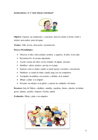 9
ESTRATEGIA Nº 3 “SOY FELIZ CONTIGO”
Objetivo: Expresar sus sentimientos y emociones hacia los demás en forma verbal y
artística para sentirse parte del grupo.
Técnica: Taller de arte, observación, reconstrucción
Proceso Metodológico:
 Observar el video sobre actitudes positivas y negativas de niños en las aulas
 Reconstrucción de escenas importantes
 Asociar escenas del video con las actitudes de algunas personas
 Identificar valores positivos que hay en el grupo
 Expresar como se sienten cuando se puede apoyar o escuchar a otra persona
 Manifestar su estado de ánimo cuando juega con sus compañeros
 Acompañar las palabras con acciones y disfrutar de la amistad
 Dibujar y pintar a su amiguito
 Presentar sus trabajos en la galería y exponer las cualidades del mismo.
Recursos: Guía de Talleres, caballetes, mandiles, papelotes, lienzos, pinceles de distinto
grosor, pinturas, pasteles, temperas, brochas, paletas
Evaluación: Dibuja y pinta a tus amiguitos
 