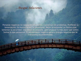 ...Busque Soluciones. Personas negativas no consiguen soluciones y aumentan los problemas. Prefieren la lamentación, la murmuración, el pesimismo. Mejor es encender un fósforo que lamentar la oscuridad. Una abeja es pequeña, pero produce lo más dulce que existe. Somos lo que pensamos. El pensamiento negativo genera energía negativa que se transforma en enfermedad. 