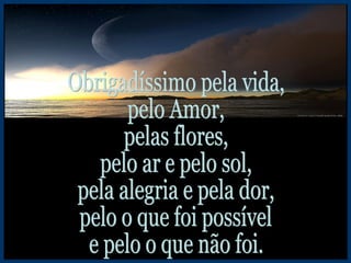 Obrigadíssimo pela vida, pelo Amor, pelas flores,  pelo ar e pelo sol, pela alegria e pela dor, pelo o que foi possível e pelo o que não foi. 
