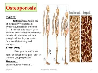 Osteoporosis
CAUSES:
Osteoporosis: When one
of the parathyroid glands is
overactive, it releases too much
PTH hormone. This causes your
bones to release calcium constantly
into the blood stream. Without
enough calcium in your bones,
they lose their density and
hardness.
SYMPTOMS:
Bone pain or tenderness
neck or lower back pain due to
fractures , stoped posture
Treatment :
biphosphonates ,vitamin D
4/5/2018 23Parathyroid Hormones
 