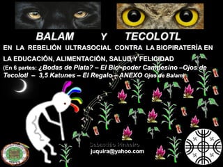 BALAM Y TECOLOTL
EN LA REBELIÓN ULTRASOCIAL CONTRA LA BIOPIRATERÍA EN
LA EDUCACIÓN, ALIMENTACIÓN, SALUD Y FELICIDAD
(En 6 partes: ¿Bodas de Plata? – El Bio~poder Campesino –Ojos de
Tecolotl – 3,5 Katunes – El Regalo – ANEXO Ojos de Balam)
Sebastião Pinheiro
juquira@yahoo.com
 