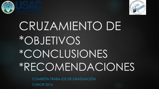 CRUZAMIENTO DE
*OBJETIVOS
*CONCLUSIONES
*RECOMENDACIONES
COMISIÓN TRABAJOS DE GRADUACIÓN
CUNOR-2016
 