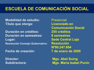 Modalidad de estudio: Presencial Título que otorga: Licenciado en Comunicación Social Duración en créditos: 255 créditos Duración en semestres: 8 semestres Lugar: Sede Central Loja Resolución Consejo Gubernativo: Resolución Nº00.247.604 Fecha de creación: 7 de enero de 2000 Director: Mgs. Abel Suing Subdirectora: Mgs. María Isabel Punín ESCUELA DE COMUNICACIÓN SOCIAL
