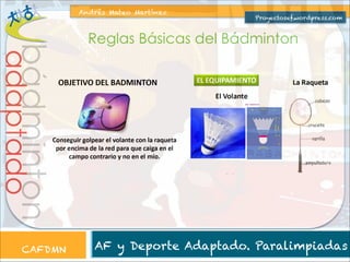 Andrés Mateo Martínez

Proyectosef.wordpress.com

adaptado

bádminton

Reglas Básicas del Bádminton

CAFDMN

AF y Deporte Adaptado. Paralimpiadas

 