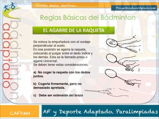 Andrés Mateo Martínez

Proyectosef.wordpress.com

adaptado

bádminton

Reglas Básicas del Bádminton

CAFDMN

AF y Deporte Adaptado. Paralimpiadas

 