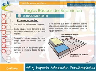 Andrés Mateo Martínez

Proyectosef.wordpress.com

adaptado

bádminton

Reglas Básicas del Bádminton

CAFDMN

AF y Deporte Adaptado. Paralimpiadas

 