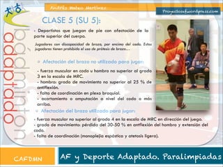 Andrés Mateo Martínez

Proyectosef.wordpress.com

CLASE 5 (SU 5):

bádminton

adaptado

- Deportistas que juegan de pie con afectación de la
parte superior del cuerpo.
Jugadores con discapacidad de brazo, por encima del codo. Estos
jugadores tienen prohibido el uso de prótesis de brazo…

Afectación del brazo no utilizado para jugar:
- fuerza muscular en codo u hombro no superior al grado
3 en la escala de MRC.
- hombro: grado de movimiento no superior al 25 % de
antiflexión.
- falta de coordinación en plexo braquial.
- acortamiento o amputación a nivel del codo o más
arriba.

Afectación del brazo utilizado para jugar:

- fuerza muscular no superior al grado 4 en la escala de MRC en dirección del juego.
- grado de movimiento: pérdida del 30-50 % en antflexión del hombro y extensión del
codo.
- falta de coordinación (monoplejia espástica y atetosis ligera).

CAFDMN

AF y Deporte Adaptado. Paralimpiadas

 