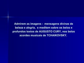 Admirem as imagens -  mensagens divinas de beleza e alegria,  e meditem sobre os belos e profundos textos de AUGUSTO CURY, nos belos acordes musicais de TCHAIKOVSKY.  