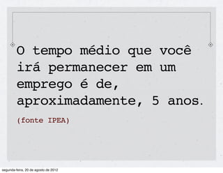 O tempo médio que você
irá permanecer em um
emprego é de,
aproximadamente, 5 anos.
(fonte IPEA)
 