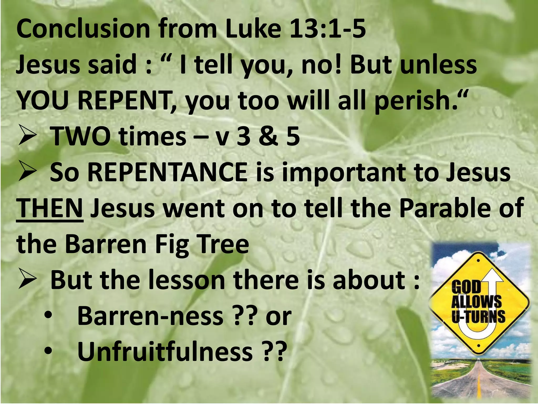 Conclusion from Luke 13:1-5
Jesus said : “ I tell you, no! But unless
YOU REPENT, you too will all perish.“
 TWO times – v 3 & 5
 So REPENTANCE is important to Jesus
THEN Jesus went on to tell the Parable of
the Barren Fig Tree
 But the lesson there is about :
  • Barren-ness ?? or
  • Unfruitfulness ??
 