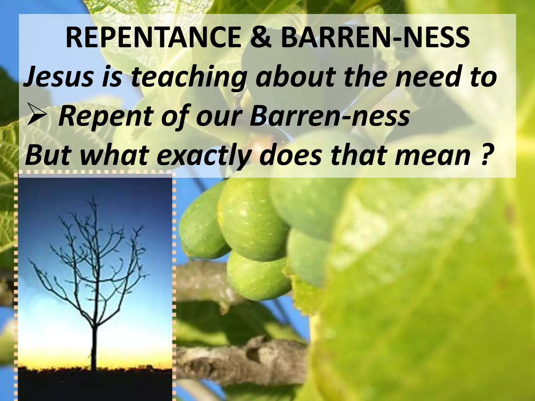 REPENTANCE & BARREN-NESS
                  S`
Jesus is teaching about the need to
 Repent of our Barren-ness
But what exactly does that mean ?
 