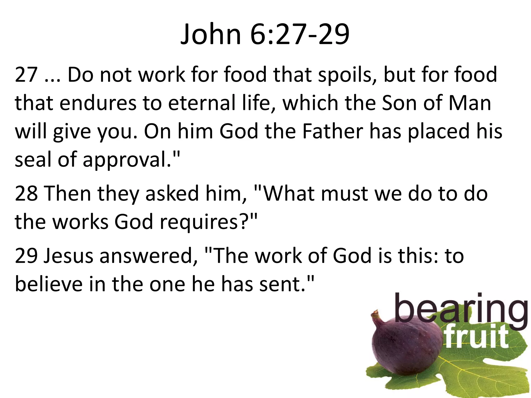 John 6:27-29
27 ... Do not work for food that spoils, but for food
that endures to eternal life, which the Son of Man
will give you. On him God the Father has placed his
seal of approval."
28 Then they asked him, "What must we do to do
the works God requires?"
29 Jesus answered, "The work of God is this: to
believe in the one he has sent."
 