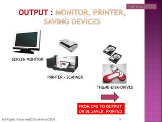 SCREEN MONITOR
PRINTER - SCANNER
THUMB-DISK-DRIVES
All Rights Reserved©Zhulkeflee2006 13
FROM CPU TO OUTPUT
OR BE SAVED, PRINTED
TASAWWUR ISLAMTASAWWUR ISLAM
 