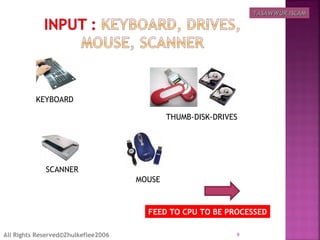 KEYBOARD
THUMB-DISK-DRIVES
SCANNER
MOUSE
All Rights Reserved©Zhulkeflee2006 9
FEED TO CPU TO BE PROCESSED
TASAWWUR ISLAMTASAWWUR ISLAM
 