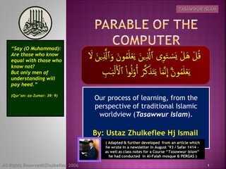 Our process of learning, from the
perspective of traditional Islamic
worldview (Tasawwur Islam).
All Rights Reserved©Zhulkeflee 2006 1
By: Ustaz Zhulkeflee Hj IsmailBy: Ustaz Zhulkeflee Hj Ismail
“Say (O Muhammad):
Are those who know
equal with those who
know not?
But only men of
understanding will
pay heed.”
(Qur’an: az-Zumar: 39: 9)
TASAWWUR ISLAMTASAWWUR ISLAM
( Adapted & further developed from an article which( Adapted & further developed from an article which
he wrote in a newsletter In August ’93 / Safar 1414 -he wrote in a newsletter In August ’93 / Safar 1414 -
as well as class notes for a Course “as well as class notes for a Course “Tasawwur IslamTasawwur Islam””
he had conducted in Al-Falah mosque & PERGAS )he had conducted in Al-Falah mosque & PERGAS )
 