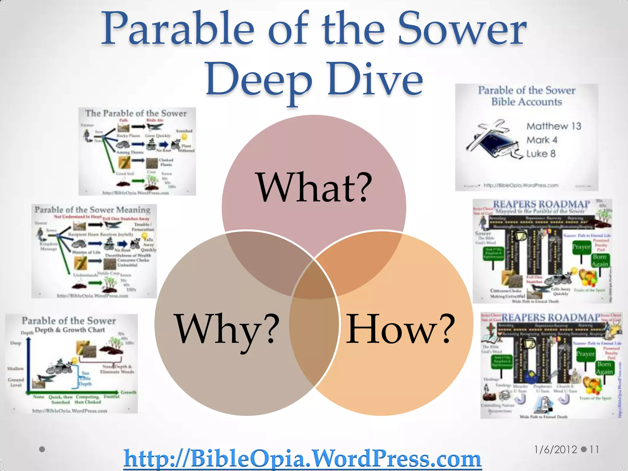 Parable of the Sower
    Deep Dive

           What?


     Why?          How?

                                  1/6/2012   11
 http://BibleOpia.WordPress.com
 