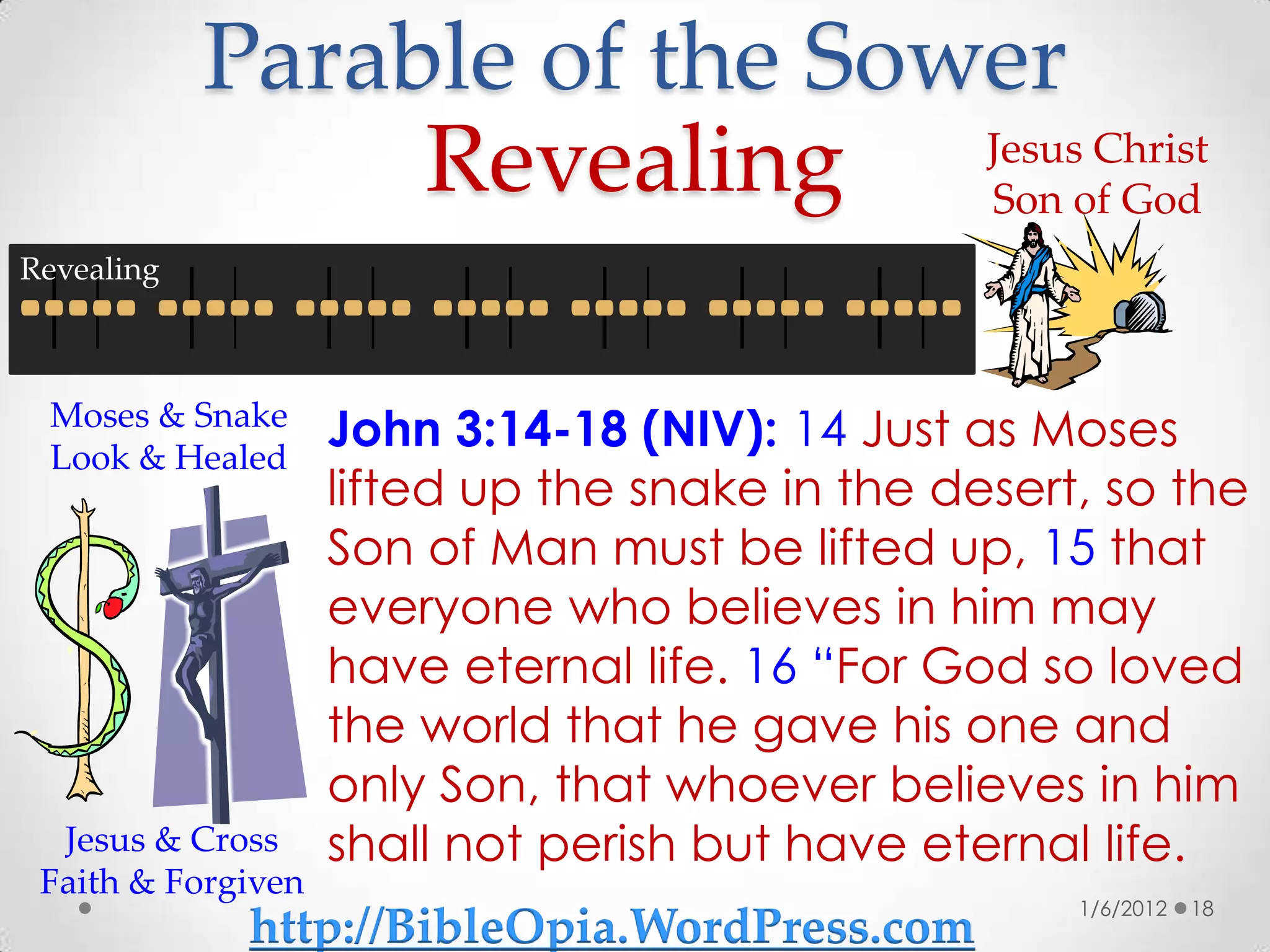 Parable of the Sower
                 Revealing    Jesus Christ
                              Son of God
Revealing



 Moses & Snake
 Look & Healed
                    John 3:14-18 (NIV): 14 Just as Moses
                    lifted up the snake in the desert, so the
                    Son of Man must be lifted up, 15 that
                    everyone who believes in him may
                    have eternal life. 16 “For God so loved
                    the world that he gave his one and
                    only Son, that whoever believes in him
  Jesus & Cross     shall not perish but have eternal life.
 Faith & Forgiven
                                                     1/6/2012   18
             http://BibleOpia.WordPress.com
 