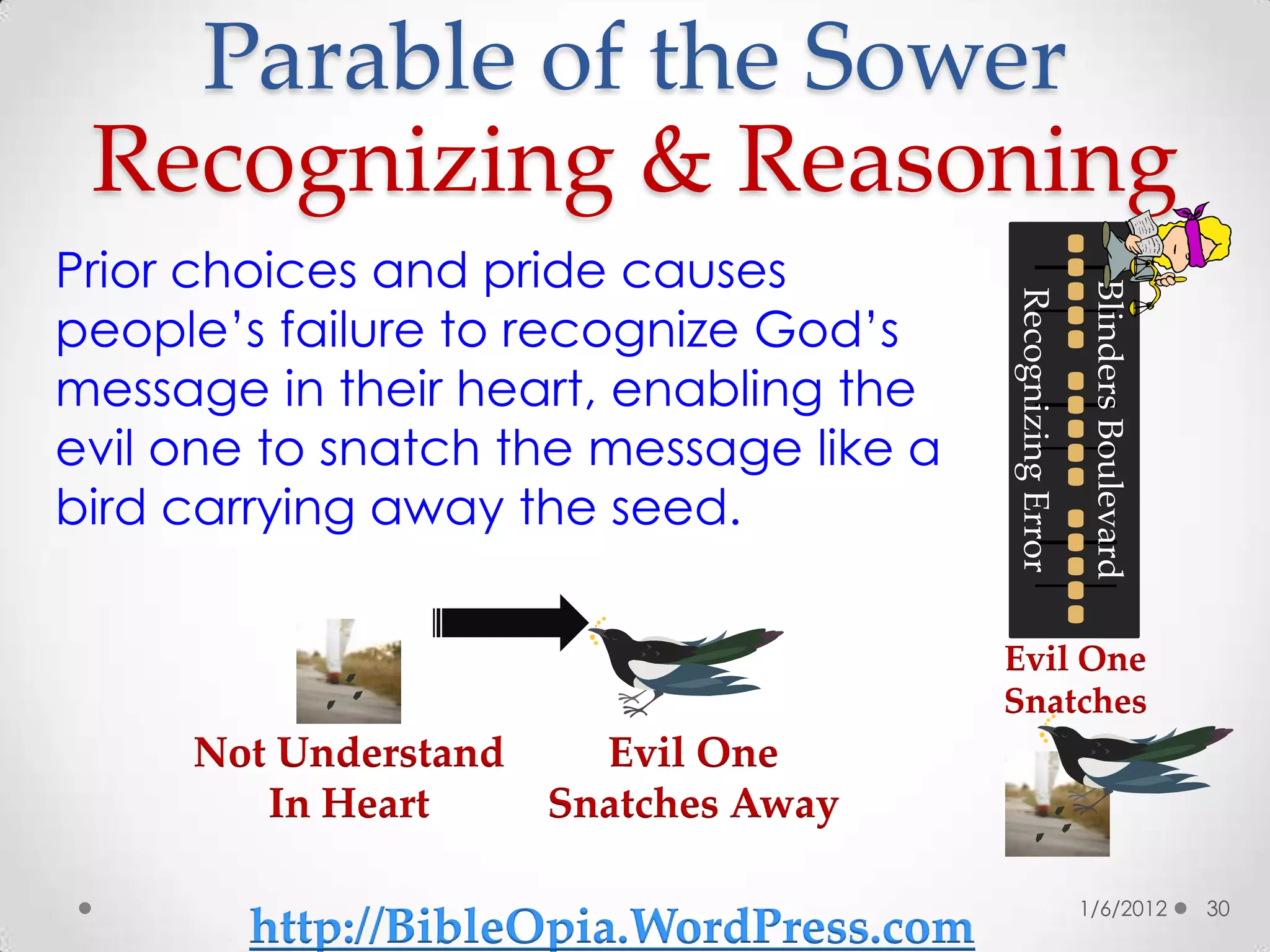 Parable of the Sower
 Recognizing & Reasoning
Prior choices and pride causes




                                                             Blinders Boulevard
                                         Recognizing Error
people’s failure to recognize God’s
message in their heart, enabling the
evil one to snatch the message like a
bird carrying away the seed.

                                         Evil One
                                         Snatches
     Not Understand     Evil One
        In Heart      Snatches Away

                                                             1/6/2012             30
        http://BibleOpia.WordPress.com
 