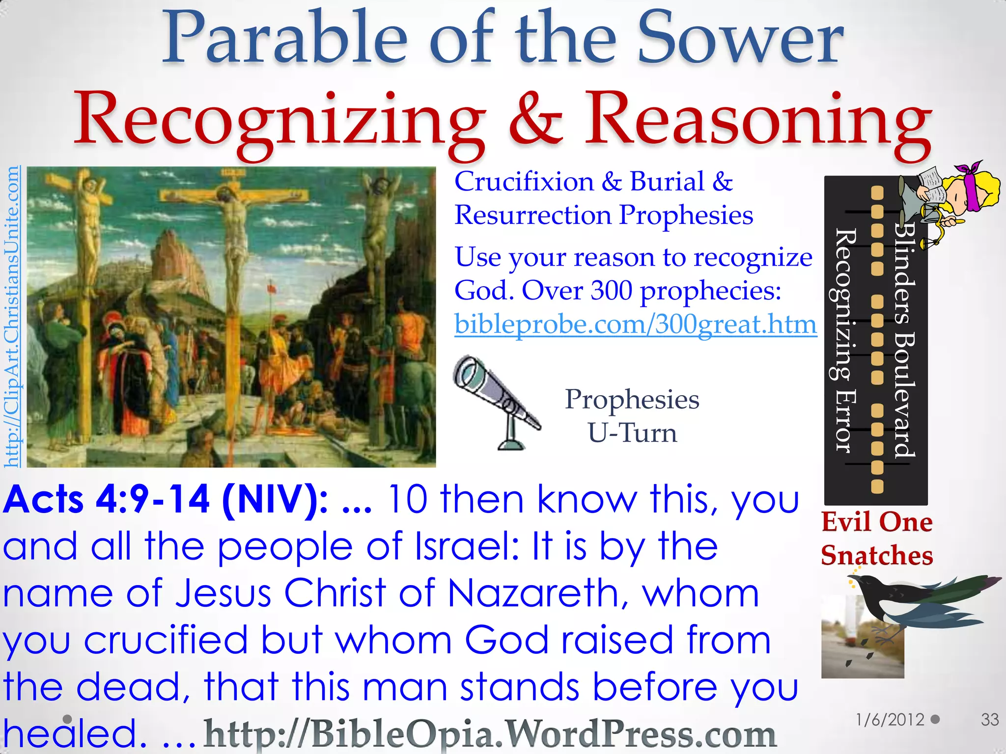 Parable of the Sower
                                     Recognizing & Reasoning
http://ClipArt.ChristiansUnite.com




                                               Crucifixion & Burial &
                                               Resurrection Prophesies




                                                                                                  Blinders Boulevard
                                                                              Recognizing Error
                                               Use your reason to recognize
                                               God. Over 300 prophecies:
                                               bibleprobe.com/300great.htm

                                                       Prophesies
                                                        U-Turn

Acts 4:9-14 (NIV): ... 10 then know this, you                                 Evil One
and all the people of Israel: It is by the                                    Snatches
name of Jesus Christ of Nazareth, whom
you crucified but whom God raised from
the dead, that this man stands before you
healed. …
                                                                                             1/6/2012                  33
 