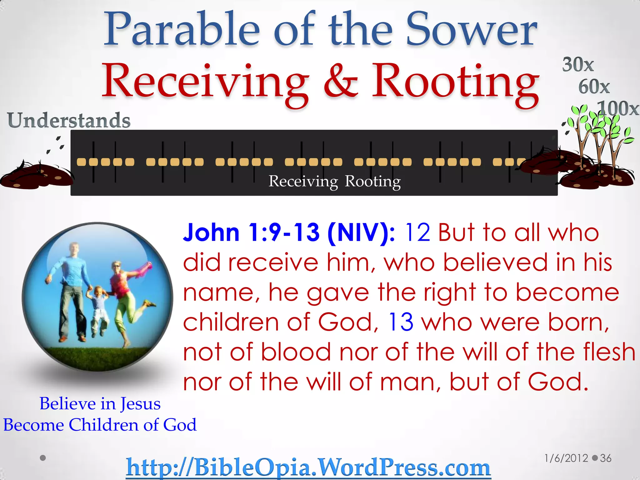 Parable of the Sower
           Receiving & Rooting
                           Receiving Rooting


                    John 1:9-13 (NIV): 12 But to all who
                    did receive him, who believed in his
                    name, he gave the right to become
                    children of God, 13 who were born,
                    not of blood nor of the will of the flesh
                    nor of the will of man, but of God.
    Believe in Jesus
Become Children of God
                                                    1/6/2012   36
             http://BibleOpia.WordPress.com
 