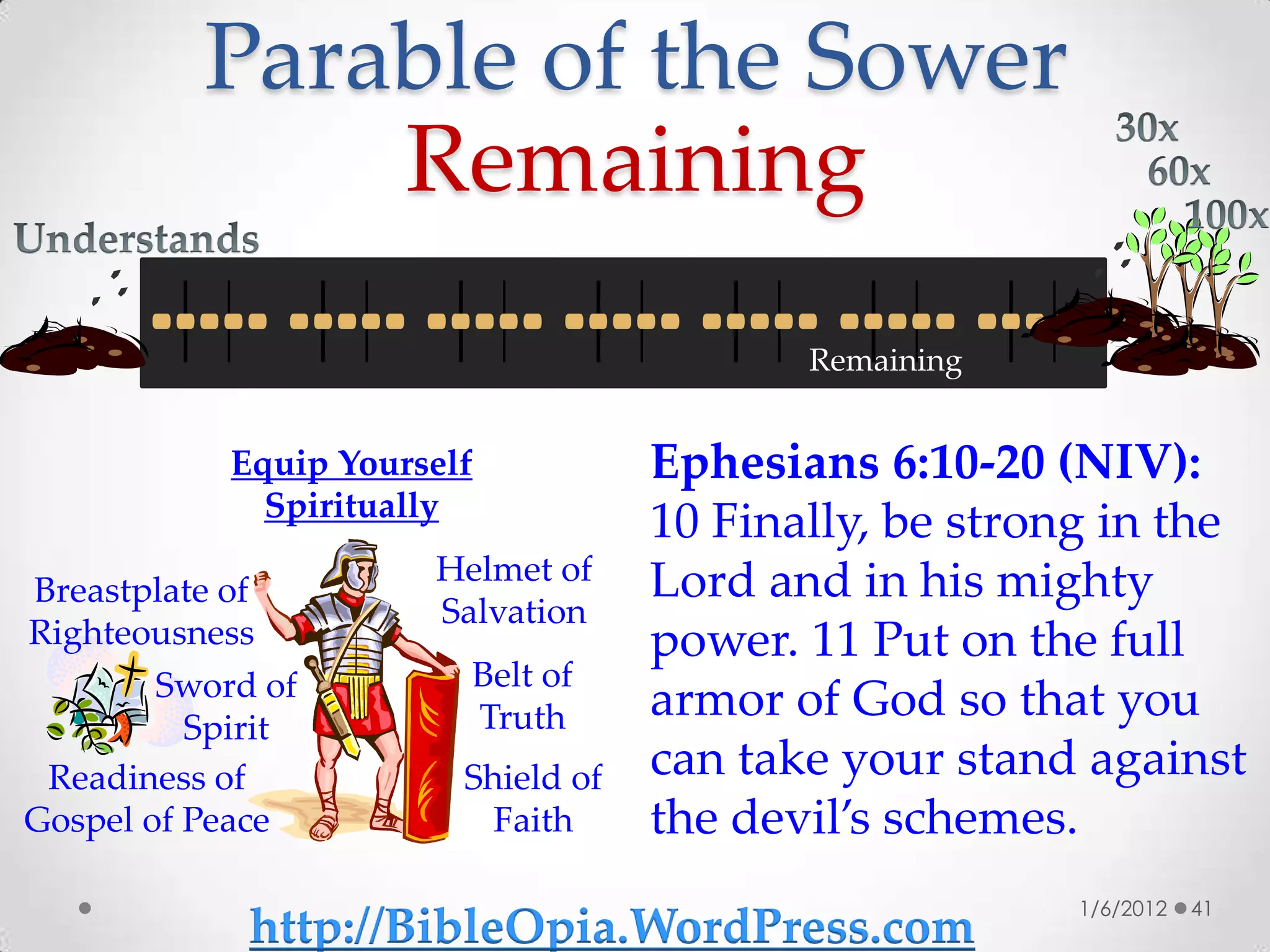 Parable of the Sower
              Remaining
                                            Remaining


            Equip Yourself           Ephesians 6:10-20 (NIV):
              Spiritually
                                     10 Finally, be strong in the
                       Helmet of     Lord and in his mighty
Breastplate of
                       Salvation
Righteousness                        power. 11 Put on the full
        Sword of         Belt of
          Spirit         Truth       armor of God so that you
 Readiness of            Shield of   can take your stand against
Gospel of Peace            Faith     the devil’s schemes.
                                                         1/6/2012   41
             http://BibleOpia.WordPress.com
 