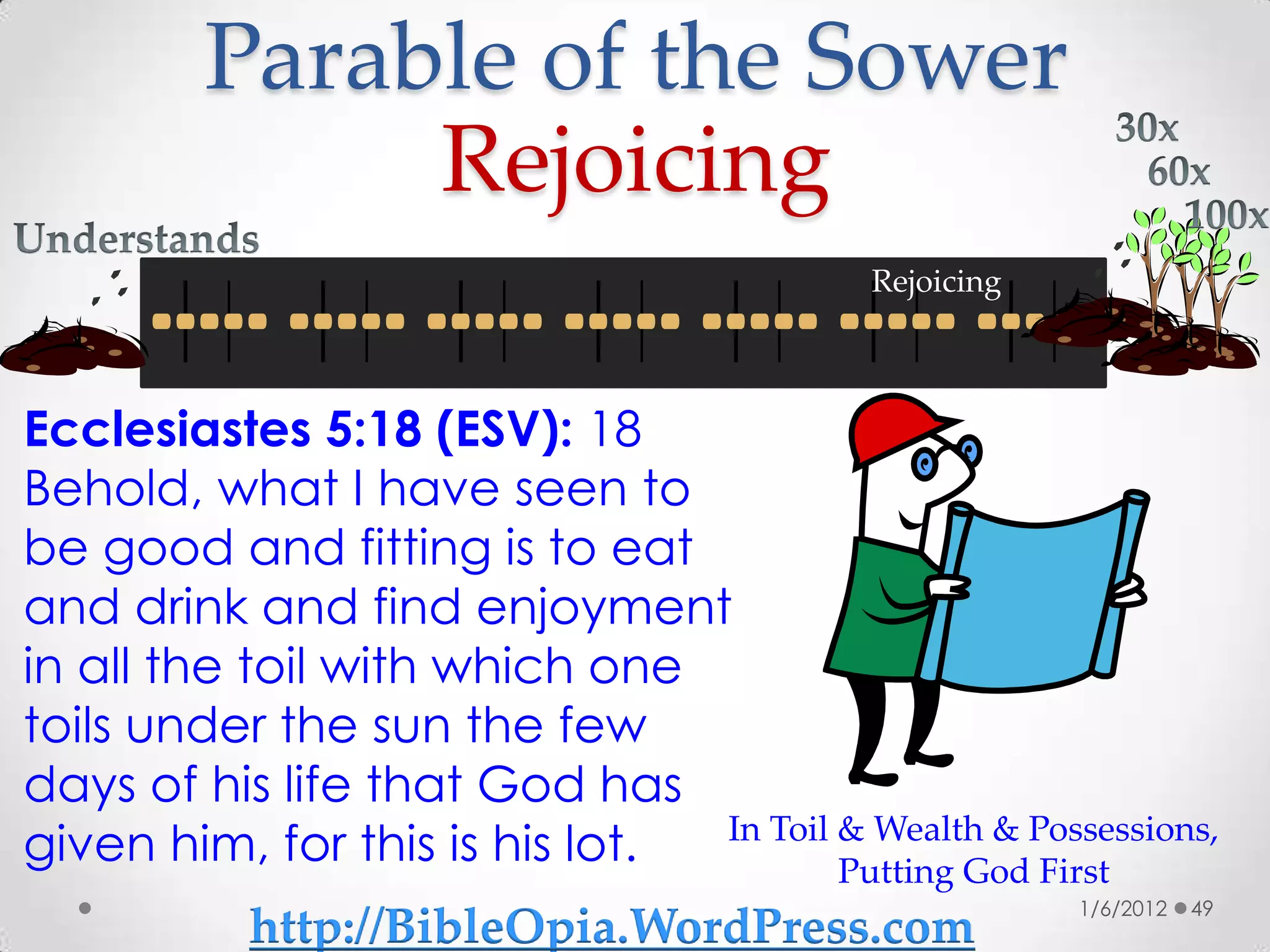 Parable of the Sower
              Rejoicing
                                            Rejoicing



Ecclesiastes 5:18 (ESV): 18
Behold, what I have seen to
be good and fitting is to eat
and drink and find enjoyment
in all the toil with which one
toils under the sun the few
days of his life that God has
given him, for this is his lot. In Toil & Wealth & Possessions,
                                        Putting God First
                                                        1/6/2012   49
           http://BibleOpia.WordPress.com
 