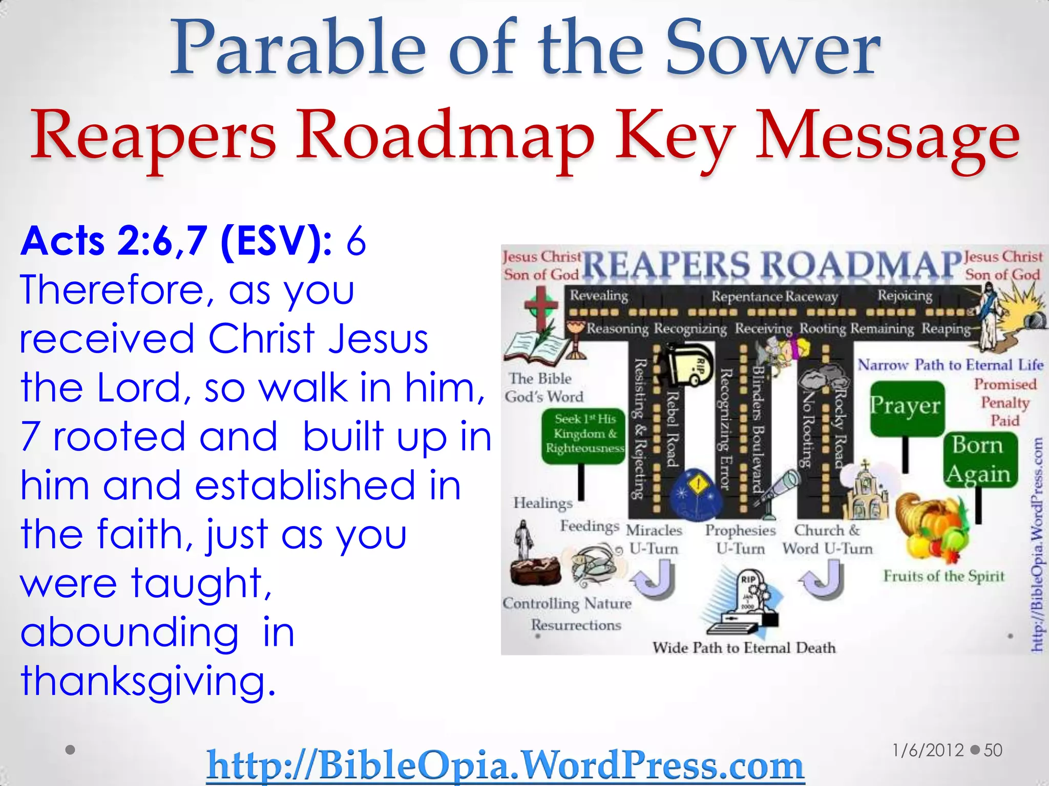 Parable of the Sower
Reapers Roadmap Key Message
Acts 2:6,7 (ESV): 6
Therefore, as you
received Christ Jesus
the Lord, so walk in him,
7 rooted and built up in
him and established in
the faith, just as you
were taught,
abounding in
thanksgiving.
                                          1/6/2012   50
         http://BibleOpia.WordPress.com
 